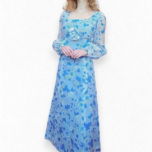 Vintage Rare Prom 70s Handmade Floral Maxi Dress Sky Baby Blue Babydoll Sheer Xs - Picture 4 of 9